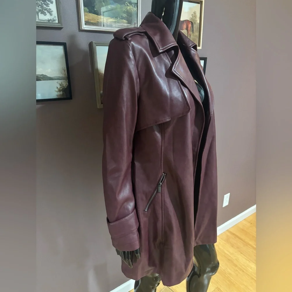 NWT-Bagatelle Open Front Faux Leather Trench Coat - Medium - Zinfandal - Picture 6 of 11